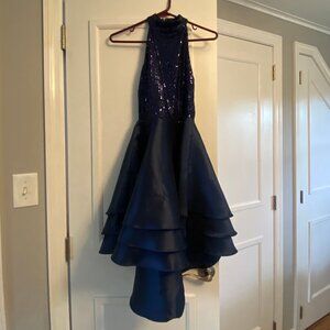 NEW Quiz Navy Sequined High Neck Tiered Satin Party Dress